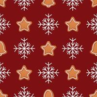 Festive seamless pattern of gingerbread monuments and snowflakes on a red background vector