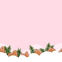 Seamless border of gingerbread and fir branches on a pink background vector