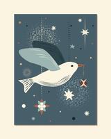 xmas card with one isolated cute bird with star and tree decorations in abstract minimalist style. graphic winter illustration vector
