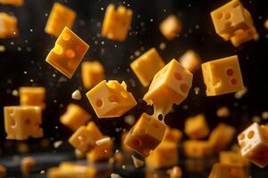 Floating cheese cubes in mid-air with a dynamic motion effect photo