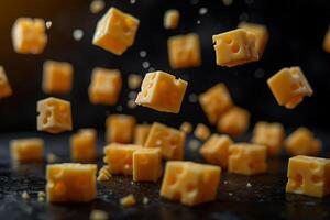 Floating cheese cubes in mid-air with a dynamic motion effect photo