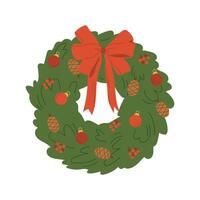 Christmas Wreath with Red Bow and Ornaments, festive Christmas wreath illustration features a classic green wreath adorned with a red bow, ornaments, pine cones, and berries vector