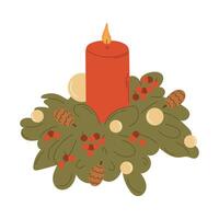 Festive Candle with Greenery Christmas Illustration, A cozy Christmas illustration featuring a red candle surrounded by festive greenery, red berries, pinecones, and decorative ornaments vector