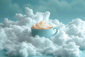 Cup of coffee on the clouds background. 3D illustration. photo