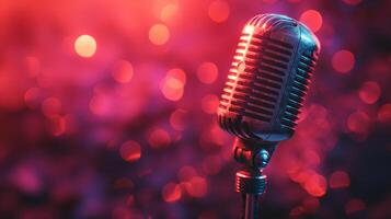 retro Lively Singing microphone on colorful background. Musical mic equipment photo