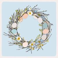 Easter wreath. Easter rounded soft composition with colored eggs, spring flowers and dry branches. illustration on light blue background vector