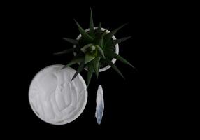 Natural organic body cream isolated on black with copy space. Cosmetics based on natural ingredients without preservatives. Concept of self-care and caring for the environment photo