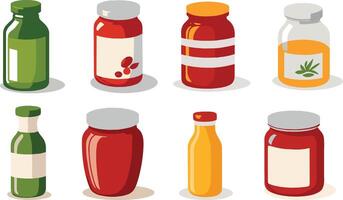 Various types of condiments and sauces in bottles vector