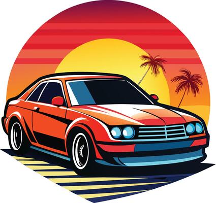 Red car Illustration with yellow sun