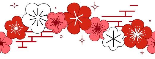 Graphic sakura blossom seamless border, horizontal pattern. Background with blossom cherry tree branches. Hand drawn japanese flowers on white background. illustration vector