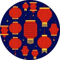 Oriental Asian red paper lanterns isolated on dark background in circle round composition. Perfect for any holiday in Asian style. graphic vector