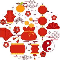 Creative Chinese new year round circle composition with graphic traditional chinese elements and decorations in red vector