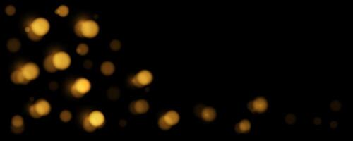 horizontal banner many Golden bokeh circles, golden particle on black background. Yellow and Orange light circular design banner. Background with copy space. vector
