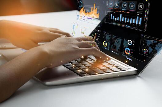 datos análisis comercio ideas empresario trabajando con datos gráfico con ai robot demostración el utilizar de artificial inteligencia en inversión comercio. digital transformación tecnología foto