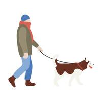 Man in warm clothes walking with his dog. Winter time. illustration in flat style isolated on white background. vector