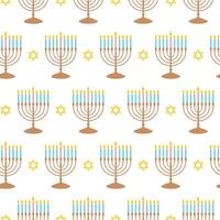 Seamless Pattern Texture of Blue Flat Hanukkah Menorah And Yellow Star of David On White Background. illustration vector