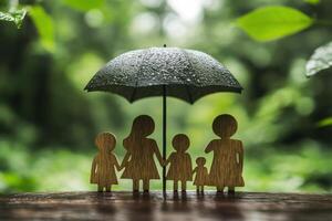 Family Concept with Wooden Figures Under Umbrella in Nature, Symbolizing Protection, Togetherness, and Love in a Rainy Setting, Surrounded by Greenery and Serenity photo