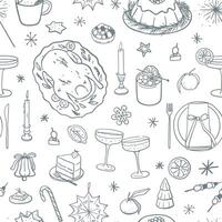 Seamless pattern with Christmas dinner elements. Hand drawn festive dishes. Sketch style design for fabric, textile, wrapping paper, gift paper vector