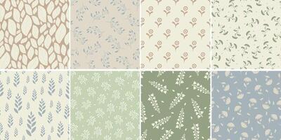 Collection of seamless color delicate floral patterns - hand drawn design. Repeatable spring nature backgrounds with branches and flowers. Textile endless prints. illustration vector