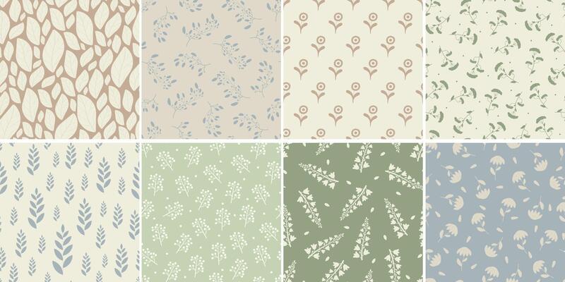 Collection of seamless color delicate floral patterns - hand drawn design. Repeatable spring nature backgrounds with branches and flowers. Textile endless prints. illustration