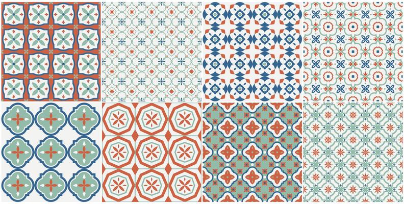 Collection of seamless geometric mosaic patterns - trendy color tile textures. Decorative bright ornamental backgrounds. repeatable prints