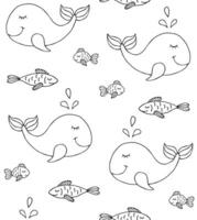 Seamless pattern of doodle fish and whale vector