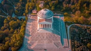 Possagno, VI, 2024, neoclassical temple in a natural context aerial view. Neoclassical architecture designed by Antonio Canova. Temple of Possagno in Veneto photo