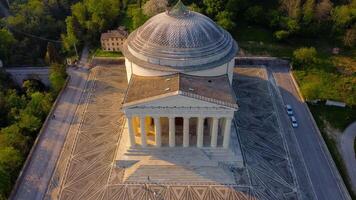 Possagno, VI, 2024, neoclassical temple in a natural context aerial view. Neoclassical architecture designed by Antonio Canova. Temple of Possagno in Veneto photo