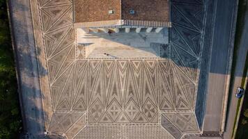 Possagno, VI, 2024, Top down view of the Canova temple of Possagno and the pavement in front. Aerial view of the cultural heritage of the neoclassical temple photo