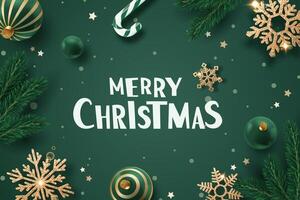 Festive Christmas card with green and gold ornaments, pine branches, snowflakes, and a candy cane on a green background vector