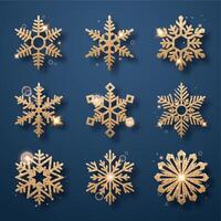 Set of sparkling glitter golden snowflakes on a navy background vector