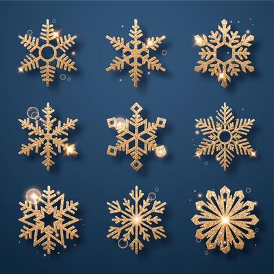 Set of sparkling glitter golden snowflakes on a navy background