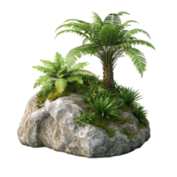 a garden rock with ferns and palm tree, Transparent background, png