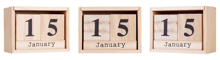 Wooden calendar, a set of dates of the month 15 January, on a white and transparent background photo