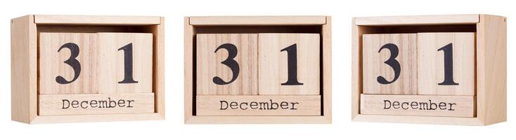 Wooden calendar, a set of dates of the month 31 December, on a white and transparent background photo