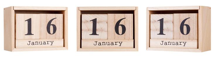 Wooden calendar, a set of dates of the month 16 January, on a white and transparent background photo