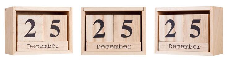 Wooden calendar, a set of dates of the month 25 December, on a white and transparent background photo