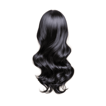 Long flowing black hair with soft waves on transparent background png