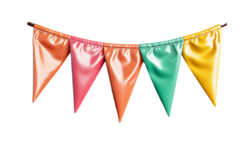 Colorful party bunting flags in vibrant hues hanging decoratively on transparent background png