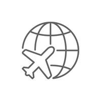 Flying Airplane Crossing Simple Globe icon. Travel Logo Design Concept. Thin line symbol. Outline style. Editable stroke vector