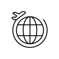 Airplane and the earth icon, globe, flight path, symbol around the world. Outline, line style design vector