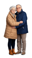 Elderly couple embracing in warm winter coats on transparent background png