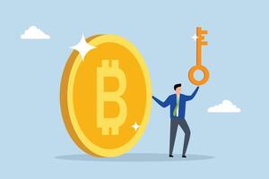 Private key to store Bitcoin, businessman financier possessing private key with Bitcoin. vector