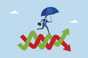 Survive and thrive in stock market volatility investment, entrepreneur with umbrella dashes across fluctuating chart. vector