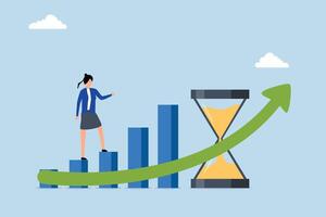 Time value of money, woman stroll up growth ascending graph with hourglass symbolizing time. vector