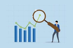 Trend analysis, businessman analyst examines trend graph and chart with a magnifying glass. vector