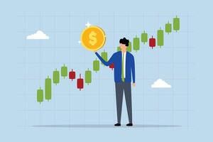 Stock market trader, businessman trader possesses dollar coin while examining chart and graph vector