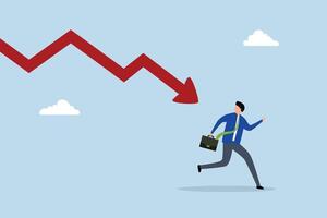 Business failure, unsuccessful entrepreneur escapes from descending arrow graph vector