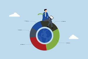 Global portfolio asset allocation, entrepreneur uses laptop to analyze global pie chart. vector