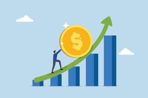 Compound interest exponential growth, entrepreneur drives funds upward on a growing chart. vector